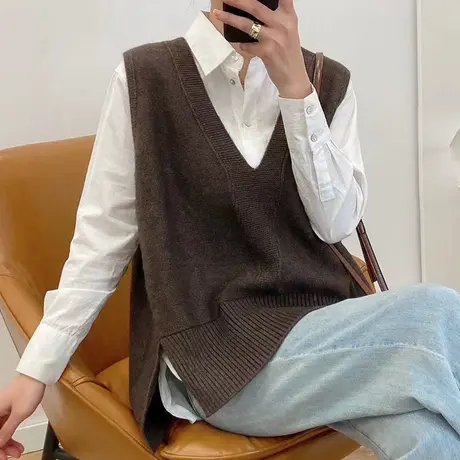 2023早春新款韩版宽松针织马夹背心女式百搭春秋上衣坎肩毛衣马甲图片