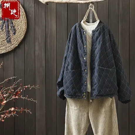 枫谜冬装新款 文艺复古菱形格夹棉牛仔棉衣女宽松保暖棉服外套商品大图