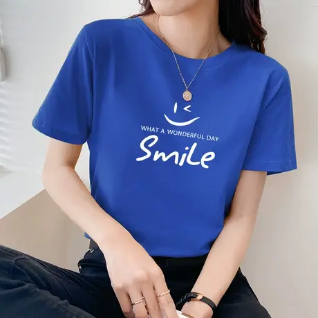 克莱因蓝t恤女短袖圆领宽松夏装ins潮牌简约半袖纯棉独特设计上衣商品大图