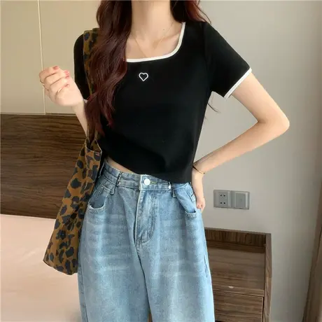 大码女装遮肚子撞色正肩方领刺绣T恤女胖MM宽松显瘦藏肉短袖上衣图片