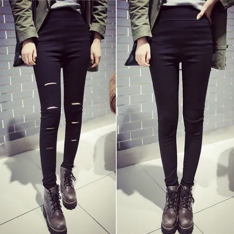 春秋黑色破洞小脚打底裤女裤外穿薄款百搭显瘦高腰九分魔术小黑裤商品大图