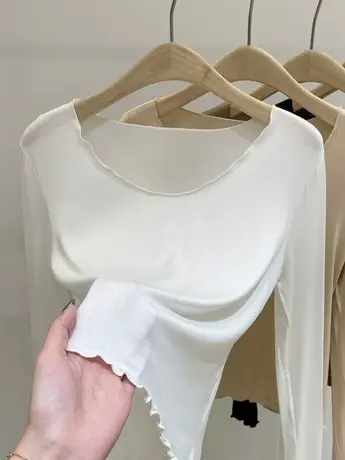 木耳边长袖t恤女短款上衣早秋新款设计感小众薄款内搭打底衫女潮商品大图