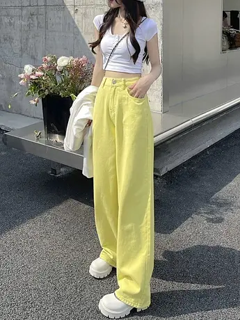 彩色阔腿裤女高腰垂感2023年新款春夏显瘦直筒牛仔裤美式高街裤子商品大图