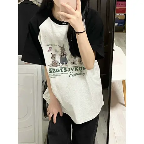 纯棉短袖t恤女小众设计感拼色插肩美式复古夏季oversize宽松上衣商品大图