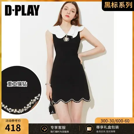 DPLAY【黑标】夏新复古双层撞色花瓣领重工镶钻无袖连衣裙图片