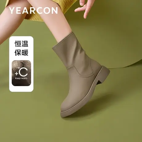 意尔康短靴女平底低跟中筒靴子2023圆头侧拉链皮靴英伦风时装靴商品大图