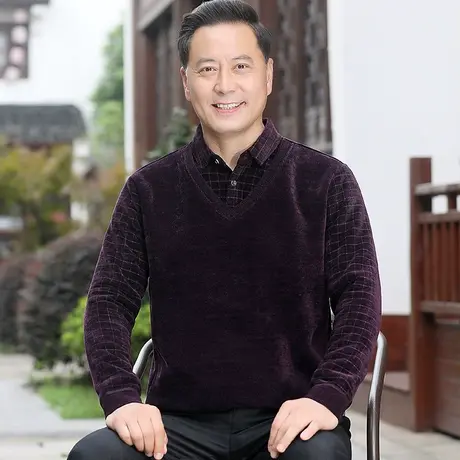 冬季中老年人男士毛衣加绒加厚爸爸装针织假两件保暖衬衫领内搭穿商品大图