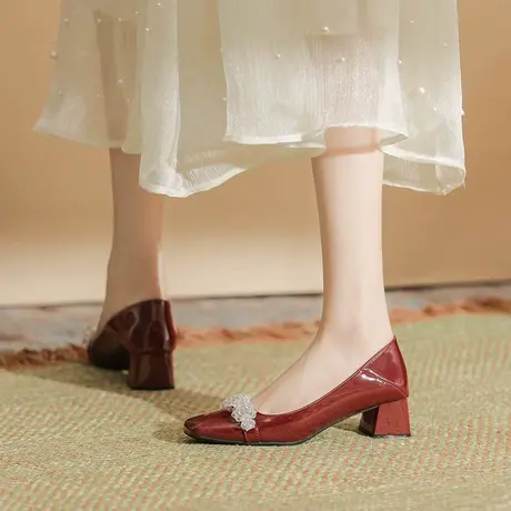 法式玛丽珍鞋高跟2023新款秋季复古方头水钻粗跟单鞋女中跟不累脚商品大图