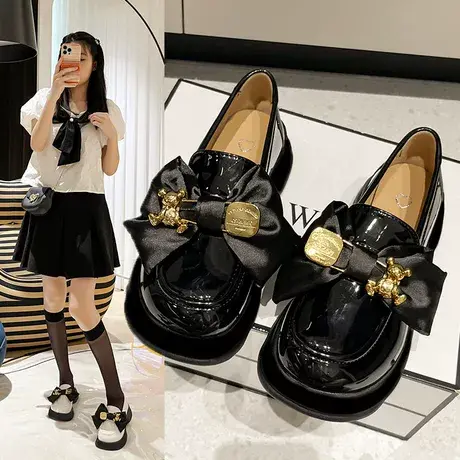 厚底方头黑色小皮鞋女2023春季新款英伦风增高蝴蝶结一脚蹬乐福鞋图片