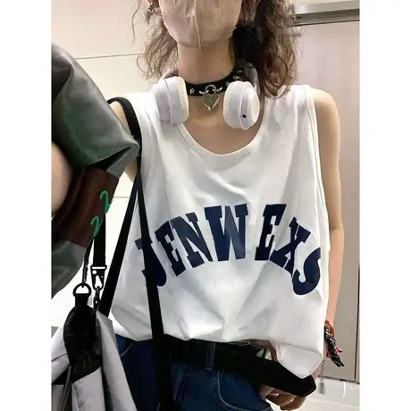 纯棉港风吊带运动坎肩背心无袖t恤女夏季设计感小众外穿宽松上衣图片