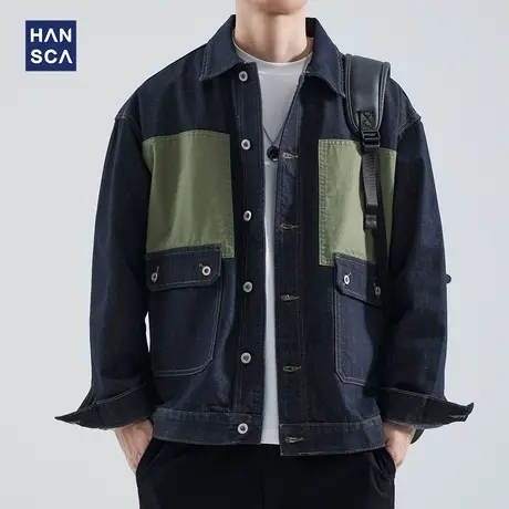 hansca秋季新款美式复古牛仔外套男潮流拼色水洗宽松大码休闲夹克商品大图