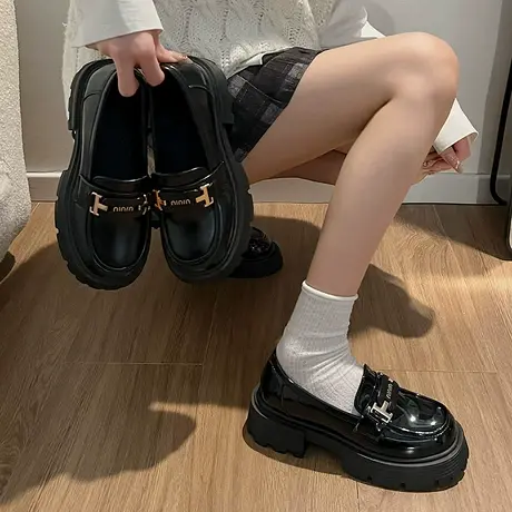 黑色乐福鞋女2024年春秋季新款法式粗跟小皮鞋一脚蹬厚底防滑单鞋商品大图