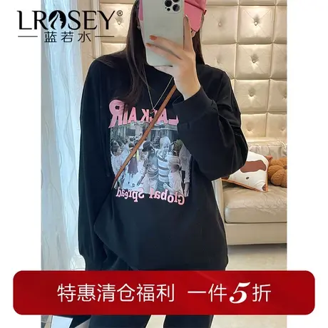蓝若水大码女装印花长袖卫衣春季新款时尚百搭宽松打底上衣ins图片