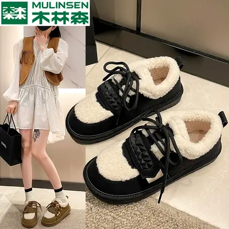 木林森低帮雪地靴女加绒加厚保暖棉鞋冬季女鞋软底休闲豆豆毛毛鞋商品大图