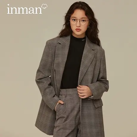 茵曼格纹小西装外套女2023秋冬新款复古英伦风格子西服流行短外套图片