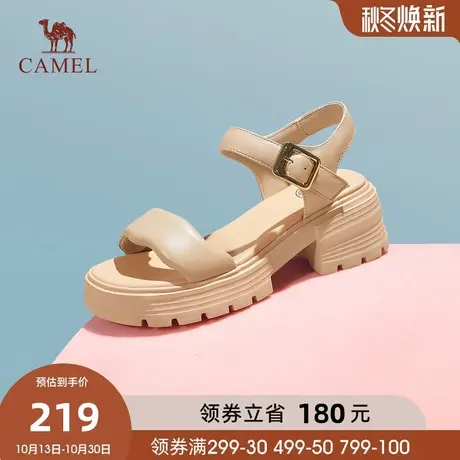 骆驼凉鞋女2023夏季新款羊皮一字带凉鞋女粗跟露趾厚底时装凉鞋女图片