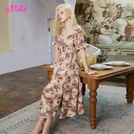 妖精的口袋满印干枯玫瑰连衣裙女2023夏季新款碎花裙复古气质显瘦商品大图