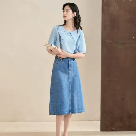 【商场同款】茵曼2023春季女装新款复古背带裙百搭A字牛仔半身裙图片