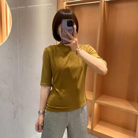 2023年早秋新款简约半高领纯色五分袖T恤女时尚显瘦打底上衣ins潮商品大图