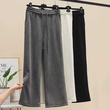 灰色灯芯绒高腰雪尼尔阔腿裤女新款垂感直筒条绒拖地长裤休闲裤潮商品大图