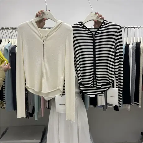 宽松拉链连帽针织开衫2023春夏新款休闲减龄修身薄款条纹外套上衣商品大图