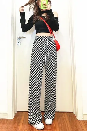 格子阔腿裤子女春秋薄款高腰夏垂感2023新款宽松直筒休闲运动裤潮图片