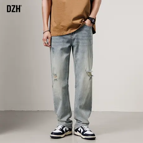 男士浅色破洞牛仔裤男直筒宽松美式裤子男款2023年新款大码休闲裤商品大图