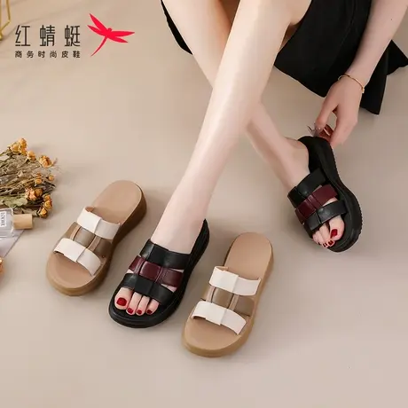 红蜻蜓中老年妈妈拖鞋女夏季外穿真皮舒适软底防滑防臭不累脚凉鞋图片