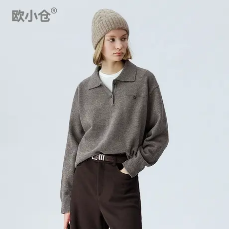 欧小仓 知识份子穿搭100%羊毛毛衣 MIU风翻领宽松长袖POLO衫图片