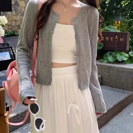 冰丝针织长袖镂空罩衫薄款女夏季配吊带裙小外搭上衣防晒开衫外套商品大图