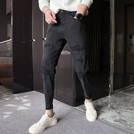 2023秋冬新款黑灰色破洞牛仔裤男潮修身显瘦小脚裤乞丐铅笔裤长裤商品大图
