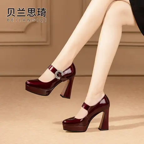 真皮一字带水钻厚底浅口粗跟单鞋女2025春秋季新款防水台高跟鞋图片