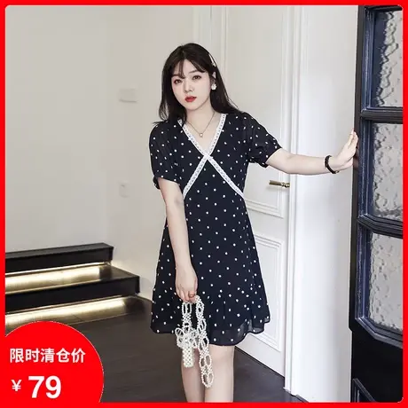 2023年夏季新款V领气质减龄绣花显瘦MM胖妹妹遮肉连衣裙雪纺大码商品大图