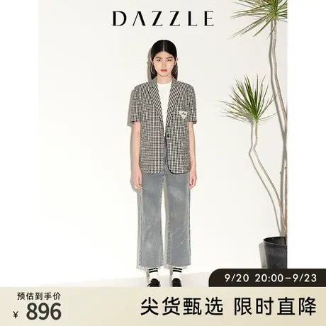 DAZZLE地素奥莱夏季复古格纹小众徽章设计短袖西装外套上衣女图片