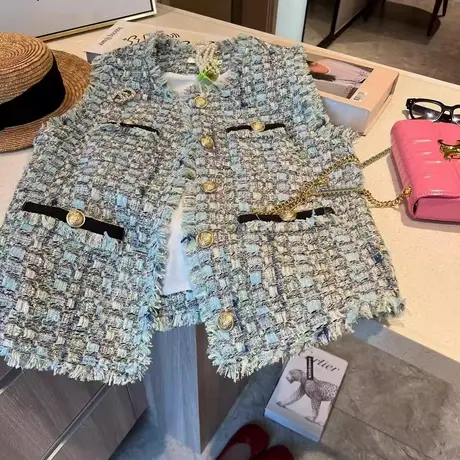 爵莱菲蓝绿羊毛中长款粗花呢编织小香风马甲2025春季新款坎肩背心图片