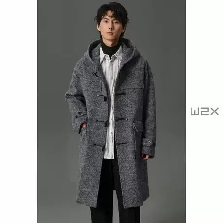w2x冬季100%绵羊毛水波纹双面呢连帽羊毛大衣男中长款呢子外套潮图片