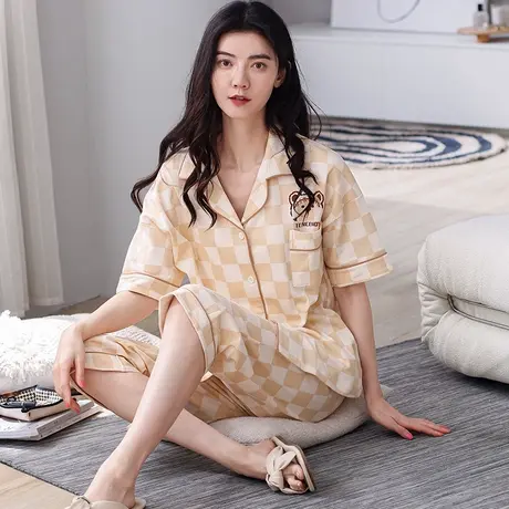 浪莎睡衣女春秋季纯色长袖棋盘格2025年新款带胸垫女生全棉家居服商品大图