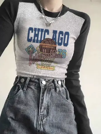 紧身打底衫女秋2023新款韩系chic拼接插肩上衣ins辣妹甜酷长袖T恤图片