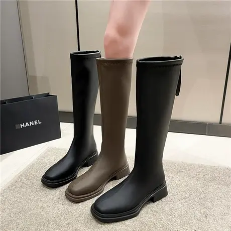 永希长筒靴女2023春秋季新款英伦风复古百搭瘦瘦靴粗跟高筒骑士靴商品大图