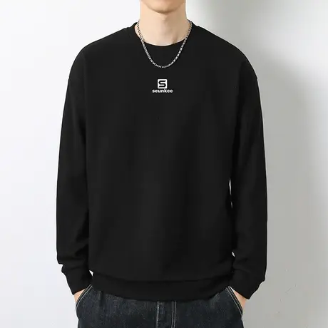 男士卫衣华夫格潮牌黑色长袖t恤圆领套头无帽上衣服宽松潮流百搭图片