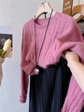 秋天的毛衣 复古花线软糯舒服破洞设计圆领麻花羊毛针织衫 上衣女商品大图