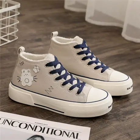 加绒二棉帆布鞋女保暖运动板鞋2023年秋冬季新款学生防滑高帮棉鞋图片