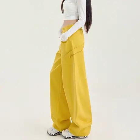 美式黄色工装阔腿牛仔裤女春季2025新款高腰宽松设计感慵懒拖地裤商品大图