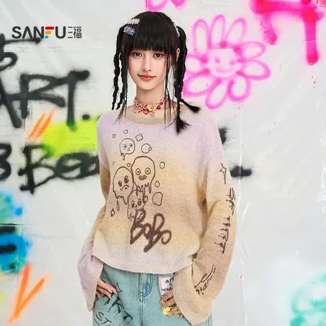 三福毛衣2025秋季搞怪图案宽松印花袖毛织上衣女装508134商品大图