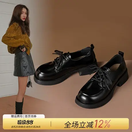 ZHR粗跟单鞋女2023秋季新款圆头乐福鞋复古英伦风厚底黑色小皮鞋商品大图