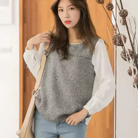 桔熊秋冬季韩版通勤宽松撞色毛呢料拼接雪纺袖上衣女装大码AB4675图片