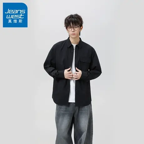 N5真维斯男士长袖衬衫2025新款秋季美式翻领宽松外套男生休闲衬衣商品大图