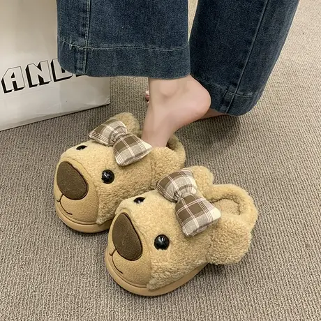 可爱蝴蝶结小熊棉拖鞋女冬季室内居家保暖加绒防滑厚底包头毛毛鞋商品大图