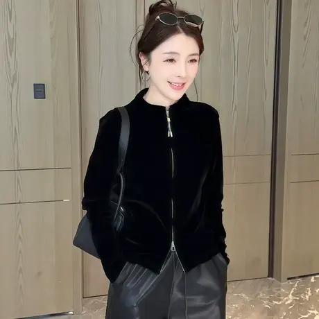 双开拉链黑色丝绒上衣女2025新款秋季高级感气质长袖开衫修身外套商品大图