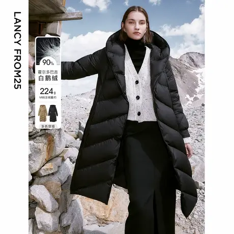 朗姿霍尔多巴吉白鹅绒连帽中长款收腰羽绒服外套女设计感冬季新款商品大图